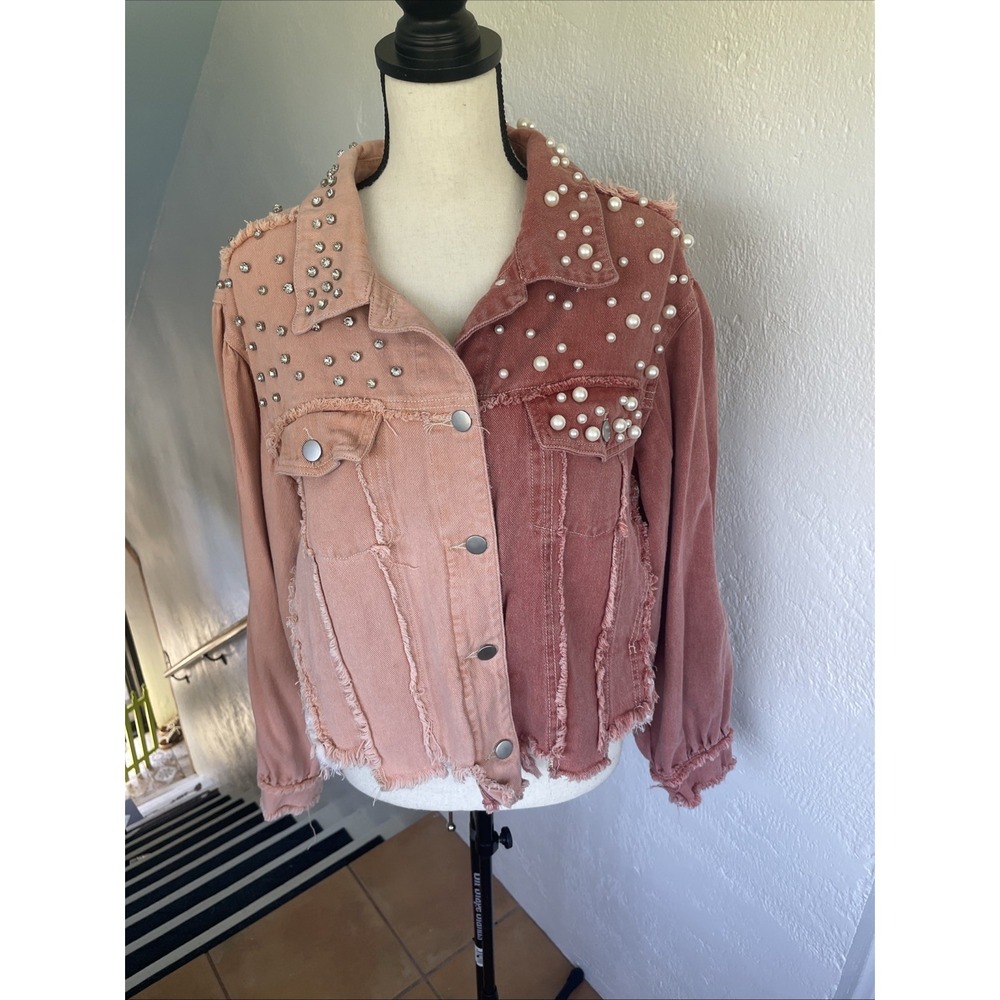 POL Pearl & Rhinestone NWOT Colorblock Pink & Raspberry Denim Jacket Oversized S - Picture 1 of 8